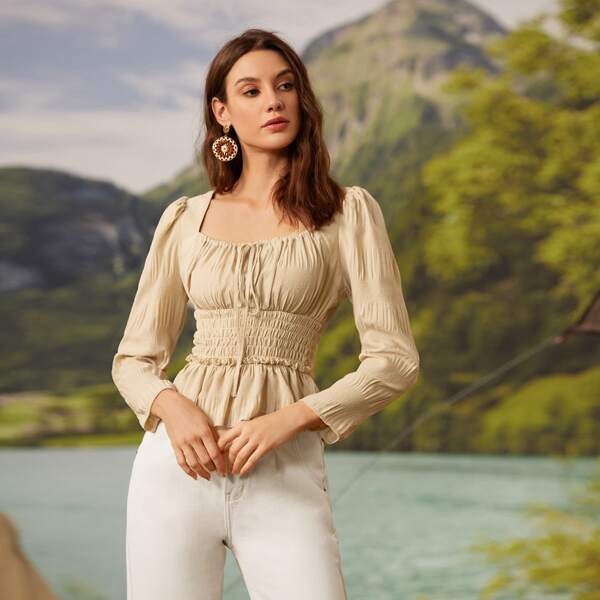 

Tie Front Ruched Bust Shirred Top, Apricot
