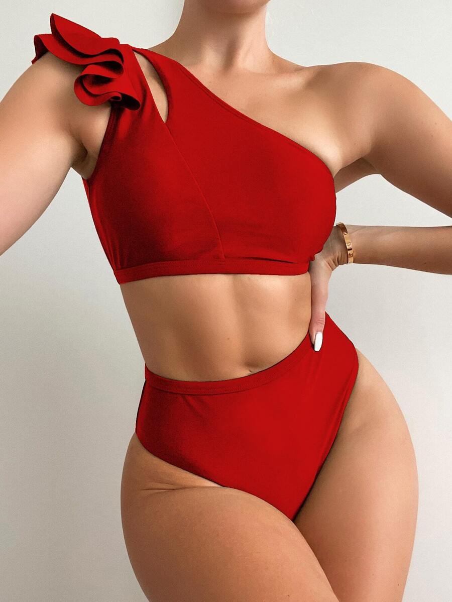 SHEIN Swim Summer Beach Ruffle Trim One Shoulder Bikini - Red - View 1