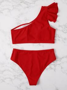 SHEIN Swim Summer Beach Ruffle Trim One Shoulder Bikini - Red - View 2