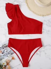 SHEIN Swim Summer Beach Ruffle Trim One Shoulder Bikini - Red - View 3