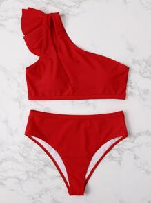 SHEIN Swim Summer Beach Ruffle Trim One Shoulder Bikini - Red - View 4