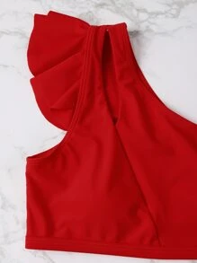 SHEIN Swim Summer Beach Ruffle Trim One Shoulder Bikini - Red - View 5