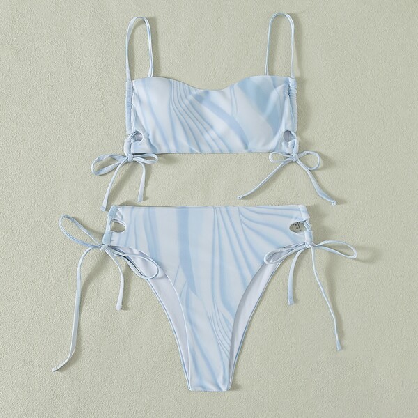 

Wave Print Tie Side Bikini Swimsuit, Blue and white