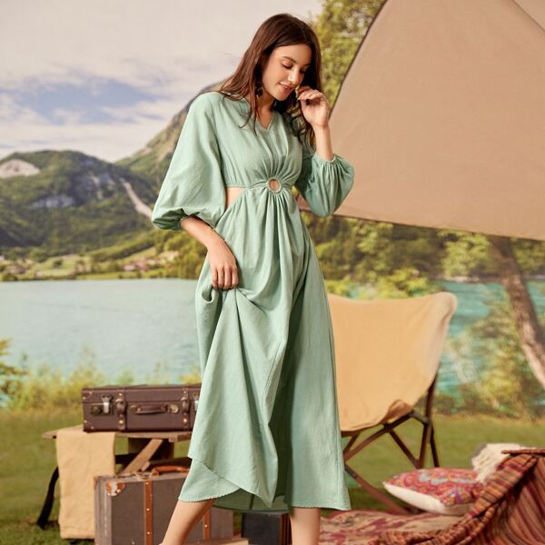 

Lantern Sleeve O-ring Ruched Cutout Side Dress, Green