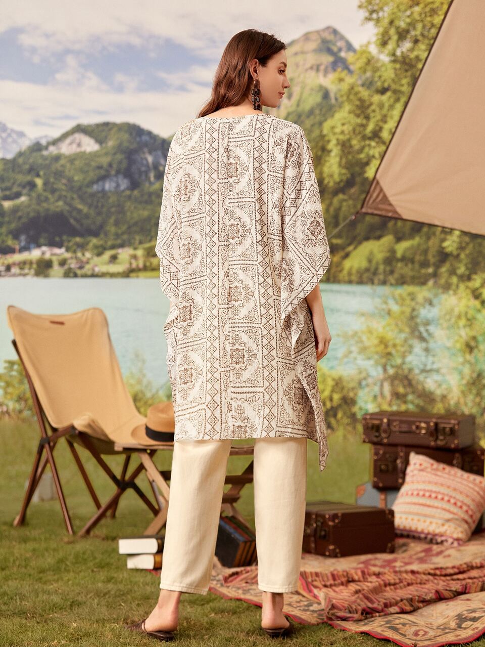 Allover Scarf Print Batwing Sleeve Ruched Detail Cover Up, For Summer Beach Vacation