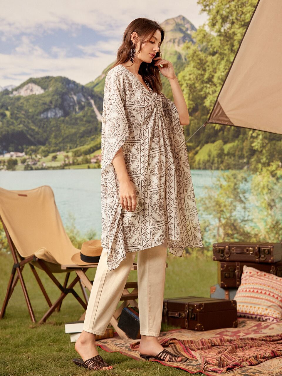 Allover Scarf Print Batwing Sleeve Ruched Detail Cover Up, For Summer Beach Vacation