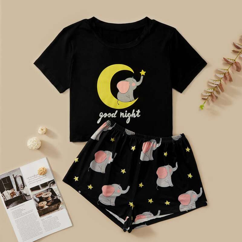

Slogan & Cartoon Graphic PJ Set, Black
