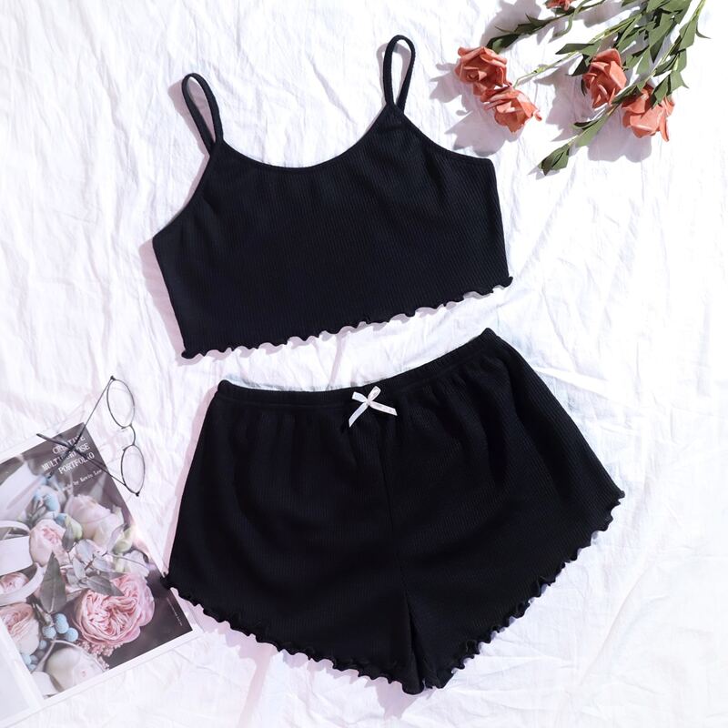 

Lettuce Trim Cami Pajama Set, Black