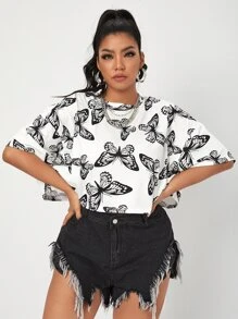 SHEIN EZwear 加大落肩蝴蝶印花 T 恤，夏季 - 黑與白 - 查看 1
