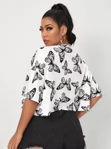 SHEIN EZwear 加大落肩蝴蝶印花 T 恤，夏季 - 黑與白 - 查看 2