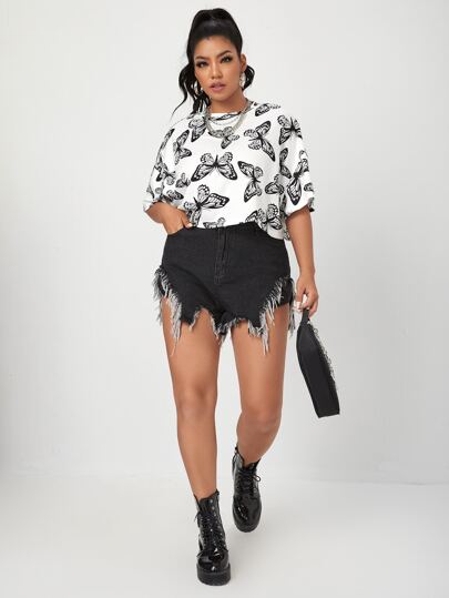 SHEIN EZwear Plus Drop Shoulder Allover Butterfly Print Tee, Summer