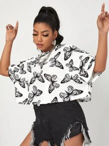 SHEIN EZwear 加大落肩蝴蝶印花 T 恤，夏季 - 黑與白 - 查看 4