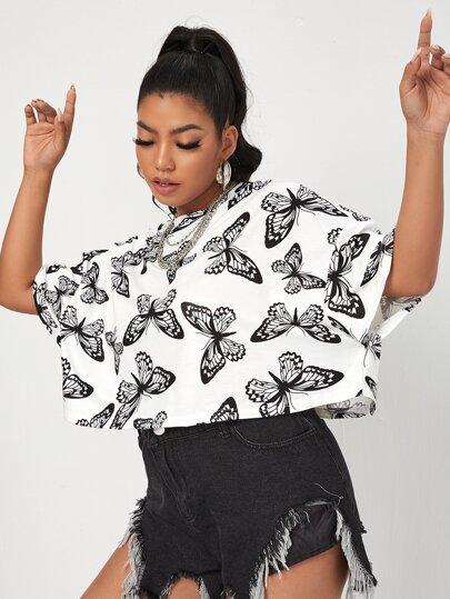 SHEIN EZwear Plus Drop Shoulder Allover Butterfly Print Tee, Summer