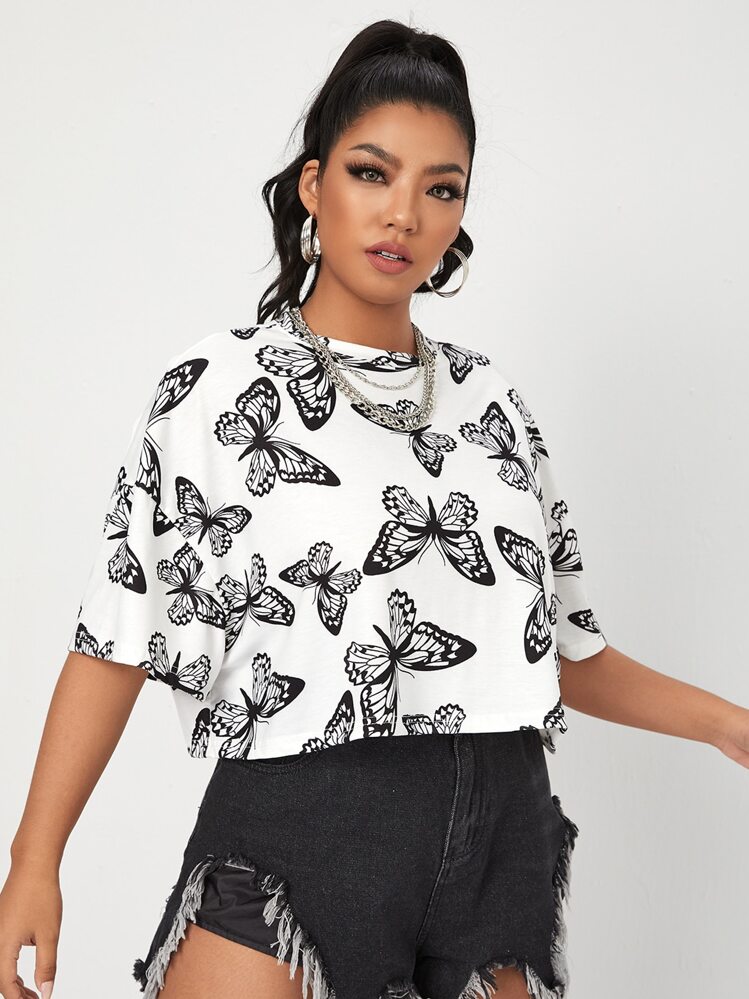 SHEIN EZwear Plus Drop Shoulder Allover Butterfly Print Tee, Summer - Black and White - View 5