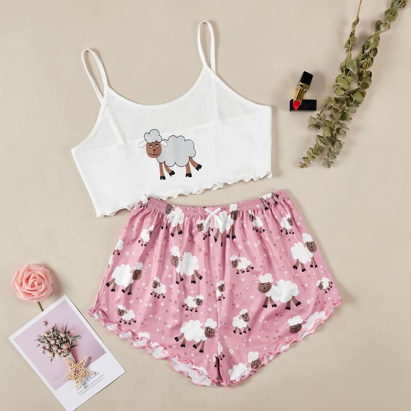 

Cartoon Sheep Print Lettuce Trim Crop Cami Top & Shorts PJ Set, Multicolor