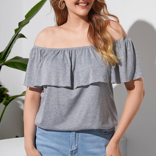 

Plus Off Shoulder Ruffle Trim Solid Tee, Grey