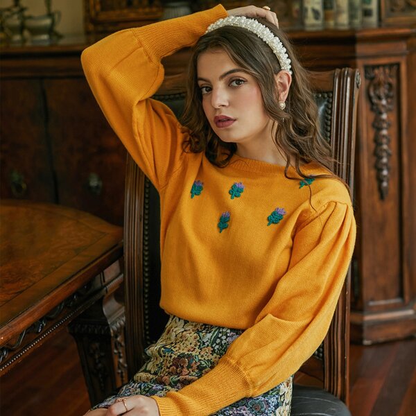

Plants Patched Leg-of-mutton Sleeve Sweater, Orange