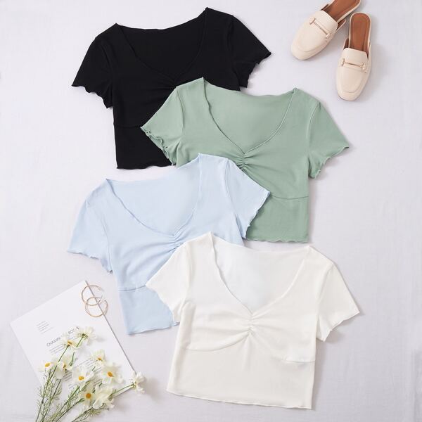 

4pcs Lettuce Trim Ruched Solid V-neck Tee, Multicolor