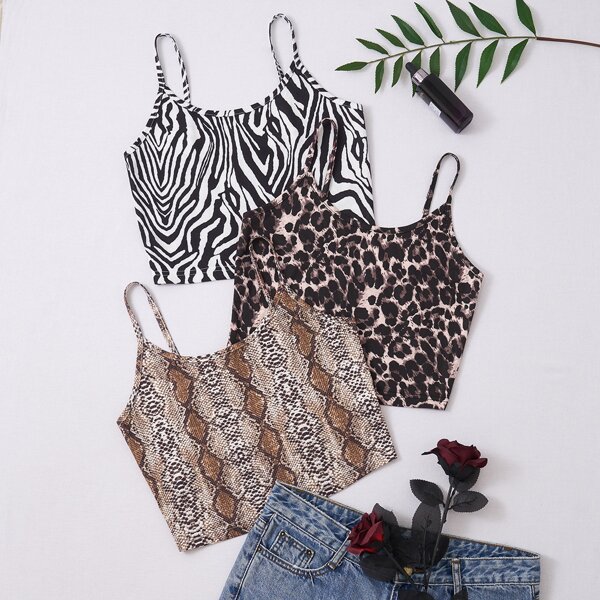 

3 Pack Zebra Striped & Snakeskin & Leopard Print Cami Top, Multicolor
