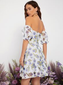 SHEIN X ELEPETRELLA Allover Floral Print Puff Sleeve Ruched Peekaboo Dress - White - View 2