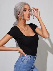 SHEIN Privé Body camiseta de cuello redondo unicolor - Negro - Ver 3