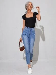 SHEIN Privé Body camiseta de cuello redondo unicolor - Negro - Ver 4