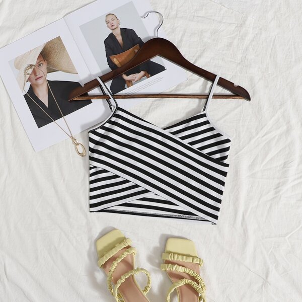 

Cross Wrap Striped Cami Top, Black and white