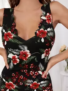 SHEIN Clasi 貝殼邊印花緊身洋裝 - 黑色 - 查看 4