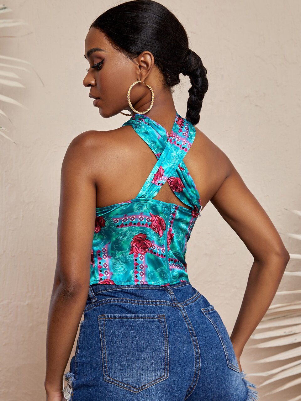 Floral Crossover Peekaboo Bustier Crop Halter Top