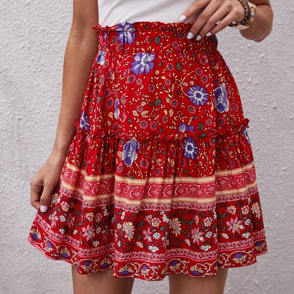 

Floral Print Frill Trim Paperbag Skirt, Red