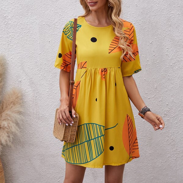 

Leaf Print Smock Dress, Yellow