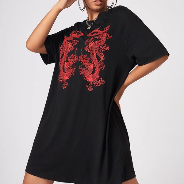 

Plus Chinese Dragon Print Tee Dress, Black