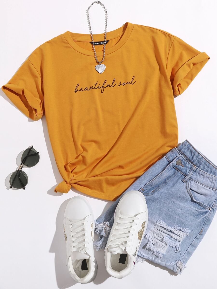 SHEIN EZwear 口号图案 T 恤 Beautiful Soul - 芥末黃 - 查看 1