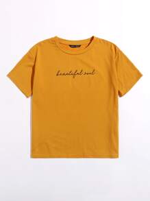 SHEIN EZwear 口号图案 T 恤 Beautiful Soul - 芥末黃 - 查看 3