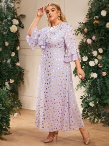 Modelyn Plus Flounce Sleeve Ruffle Trim Allover Print Dress - Purple - View 3