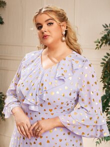 Modelyn Plus Flounce Sleeve Ruffle Trim Allover Print Dress - Purple - View 4