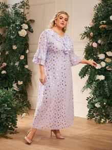 Modelyn Plus Flounce Sleeve Ruffle Trim Allover Print Dress - Purple - View 5