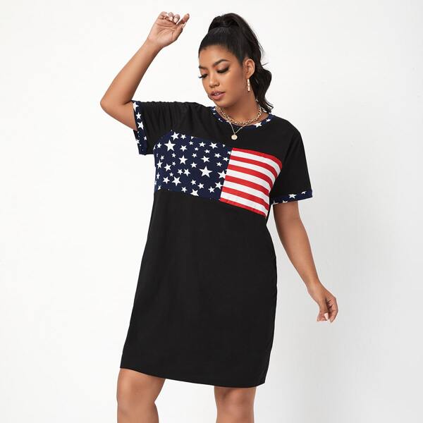 

Plus Flag Print Tee Dress, Black
