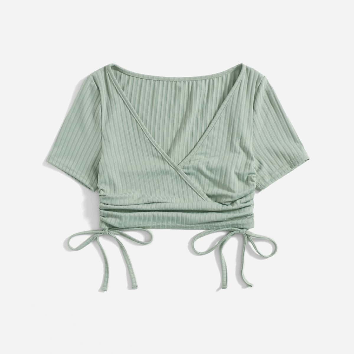 

Solid Drawstring Wrap Ribbed Tee, Mint green