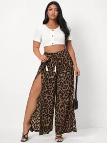 SHEIN SXY Plus Leopard Split Thigh Wide Leg Trousers - Multicolor - View 1