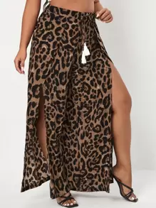 SHEIN SXY Plus Leopard Split Thigh Wide Leg Trousers - Multicolor - View 3