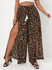 SHEIN SXY Plus Leopard Split Thigh Wide Leg Trousers - Multicolor - View 4