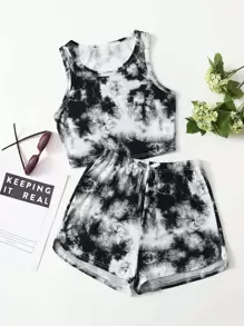 SHEIN 青少年女孩紮染背心上衣和短褲套裝 - 黑與白 - 查看 1