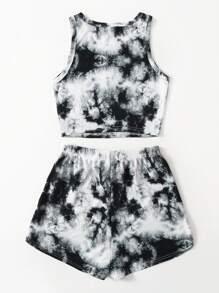 SHEIN 青少年女孩紮染背心上衣和短褲套裝 - 黑與白 - 查看 2