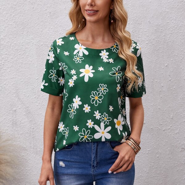 

Floral Print Scoop Neck Blouse, Green