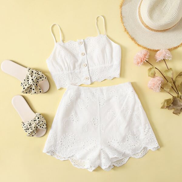 

Teen Girls Scallop Trim Schiffy Cami Top & Shorts Set, White
