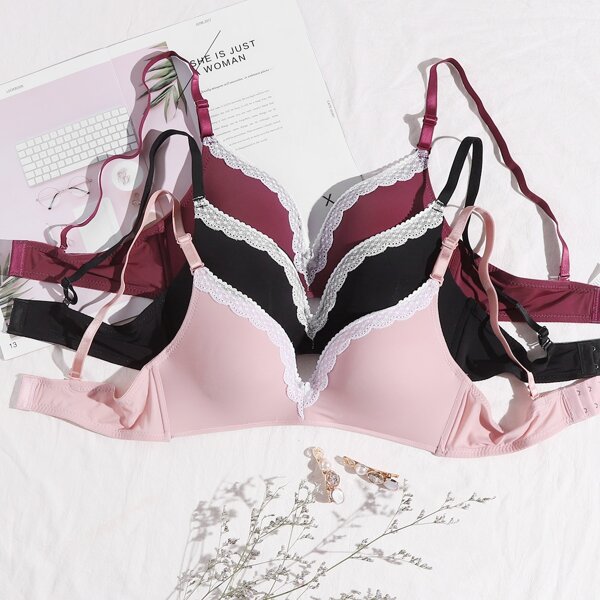 

3pack Lace Trim Wireless Bra Set, Multicolor