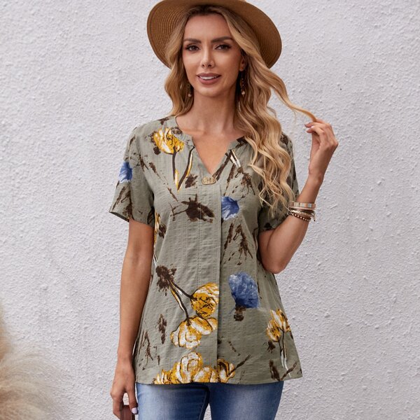 

Floral Print Notch Neck Blouse, Multicolor