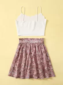 SHEIN 青少年女孩貝殼邊吊帶上衣和花卉圖案裙子套裝 - 白色 - 查看 2