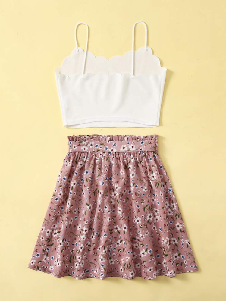 SHEIN 青少年女孩貝殼邊吊帶上衣和花卉圖案裙子套裝 - 白色 - 查看 2